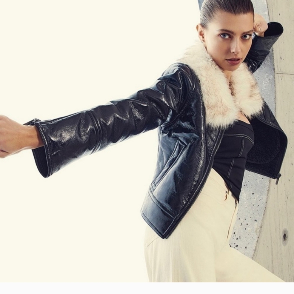 Unreal fur wet look aviator jacket - Picture 11 of 16